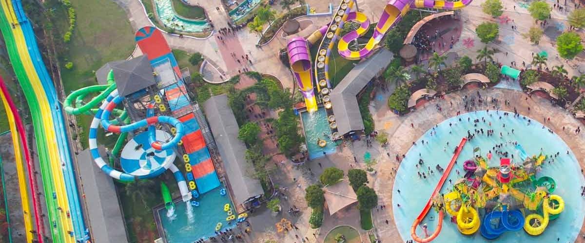 Top view of complete water park drone shoot at day time with all water park rides