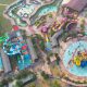 Top view of complete water park drone shoot at day time with all water park rides
