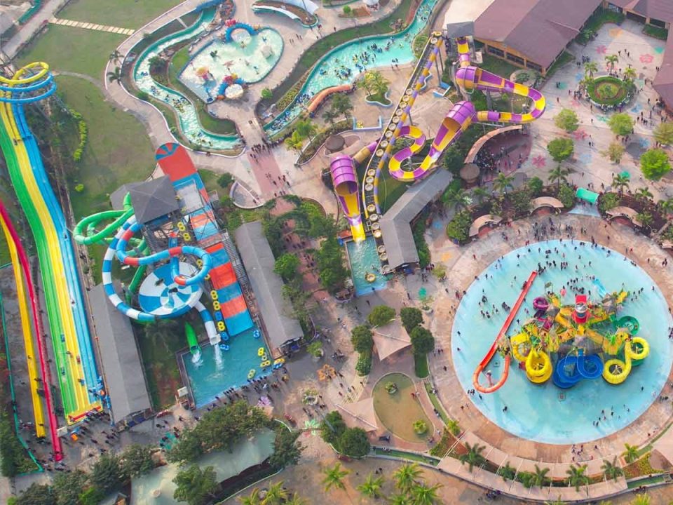 Top view of complete water park drone shoot at day time with all water park rides