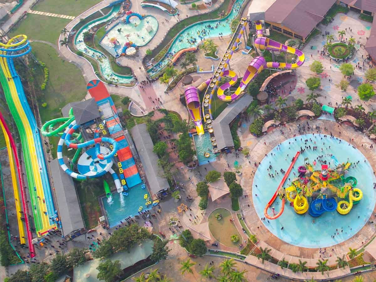 Top view of complete water park drone shoot at day time with all water park rides