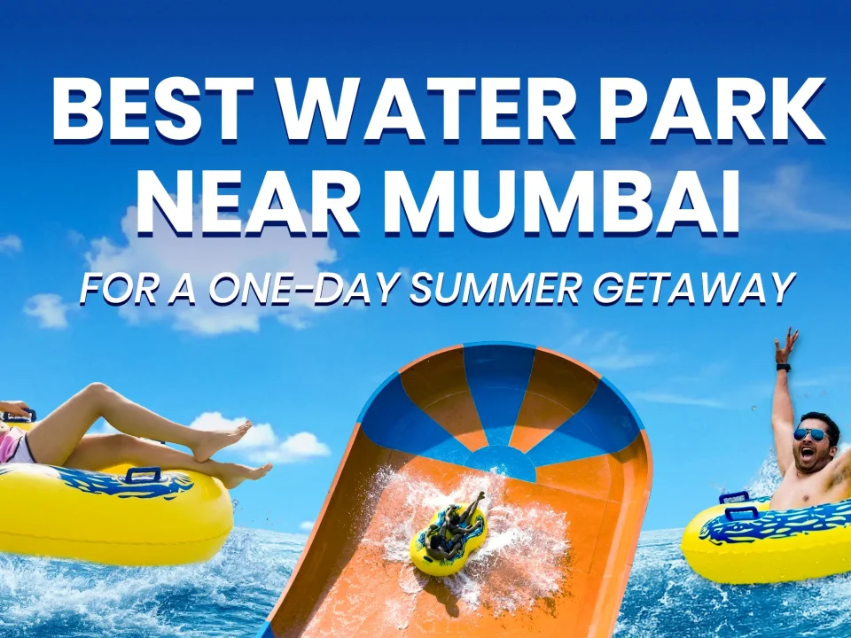 Friends on colorful tubes enjoying a water slide at Wet'nJoy, the best water park near Mumbai for a one-day summer getaway.