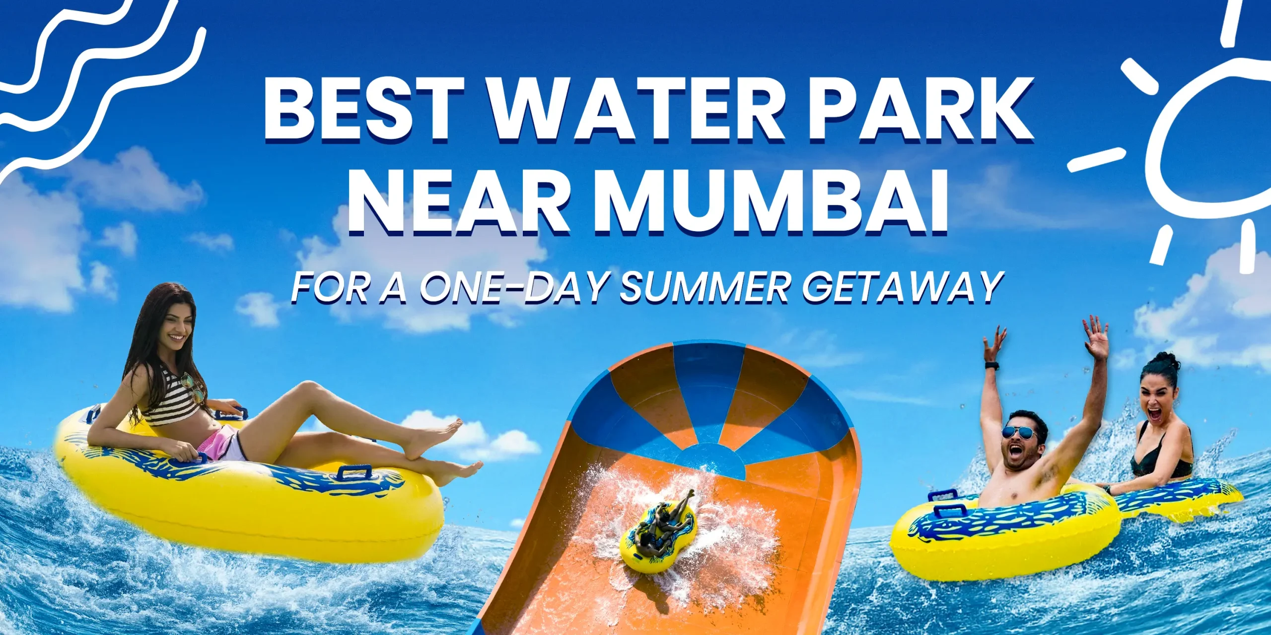 Friends on colorful tubes enjoying a water slide at Wet'nJoy, the best water park near Mumbai for a one-day summer getaway.