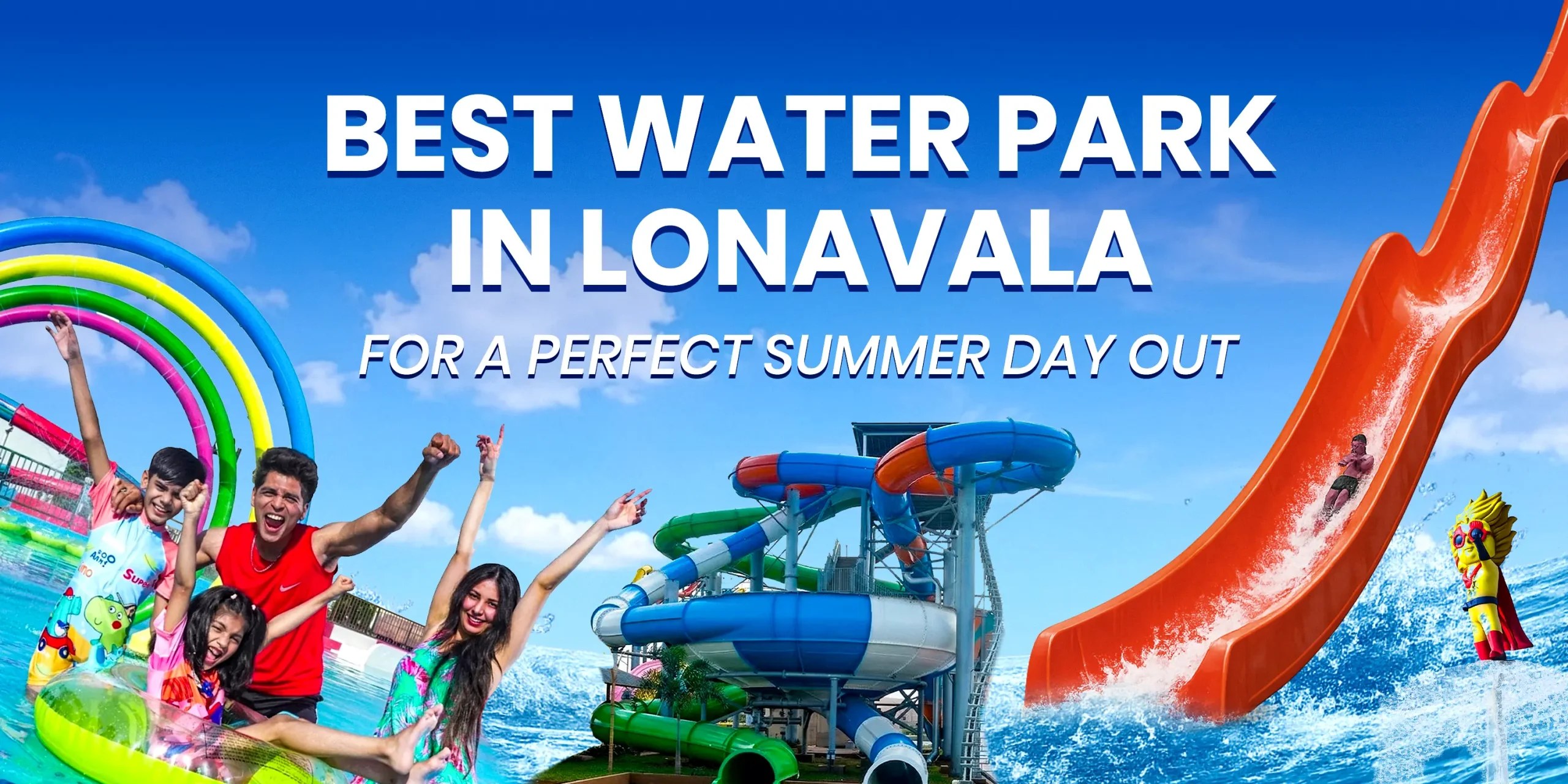 Excited friends and family enjoying water rides and slides at Wet’nJoy, the best water park in Lonavala for a summer day out near Pune and Mumbai.