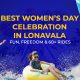 Women enjoying thrilling water slides and amusement rides during Women’s Day celebration at Wet'nJoy Lonavala