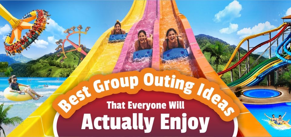 Friends enjoying colorful water slides and thrill rides at Wet’nJoy Lonavala, one of the best group outing ideas for friends.