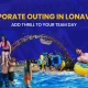 A promotional banner for Wet’nJoy Lonavala titled 'Corporate Outing in Lonavala: Add Thrill to Your Team Day.' The image shows diverse groups of colleagues enjoying water slides, a wave pool, and amusement park thrill rides like the Jumpin’ Star