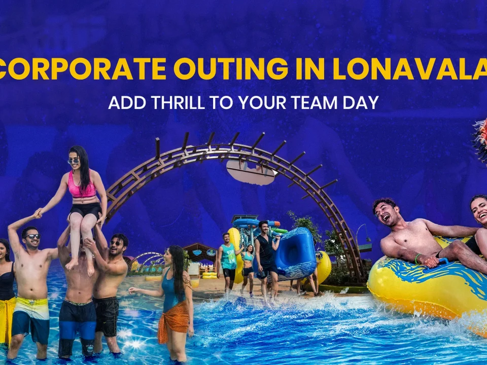 A promotional banner for Wet’nJoy Lonavala titled 'Corporate Outing in Lonavala: Add Thrill to Your Team Day.' The image shows diverse groups of colleagues enjoying water slides, a wave pool, and amusement park thrill rides like the Jumpin’ Star