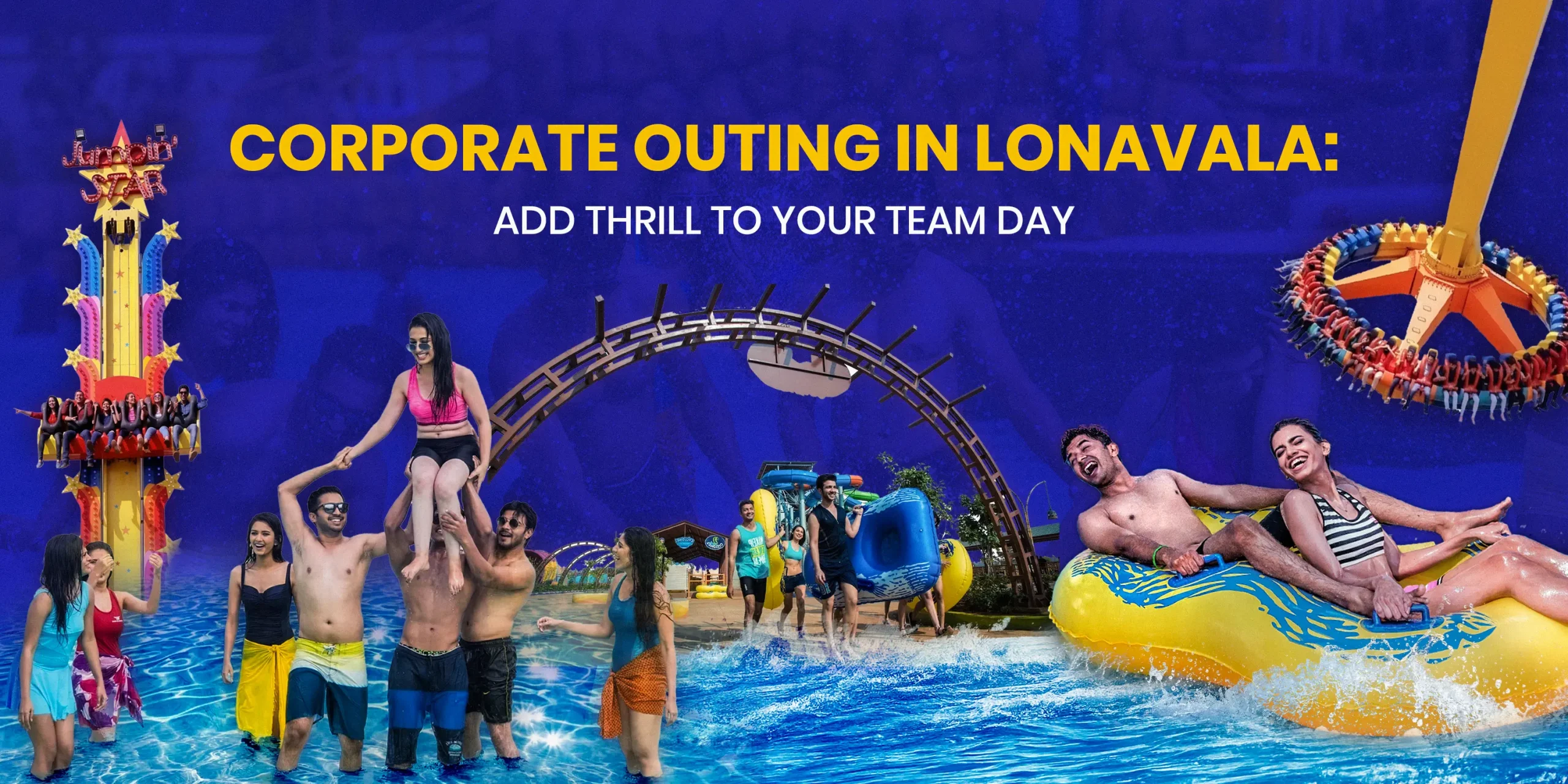 A promotional banner for Wet’nJoy Lonavala titled 'Corporate Outing in Lonavala: Add Thrill to Your Team Day.' The image shows diverse groups of colleagues enjoying water slides, a wave pool, and amusement park thrill rides like the Jumpin’ Star