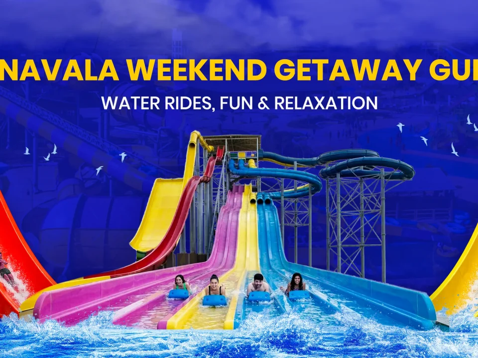 Promotional banner for a Lonavala Weekend Getaway Guide featuring Wet’nJoy Water Park. The image shows people racing down colorful multi-lane water slides with palm trees and a blue sky background. Text reads: 'Lonavala Weekend Getaway Guide: Water Rides, Fun & Relaxation