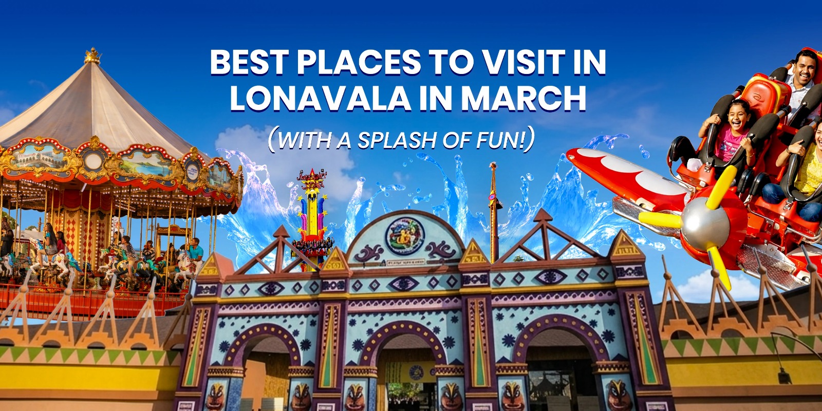 Family enjoying a rollercoaster and carousel at Wet’nJoy, the best amusement park in Lonavala for a March trip.