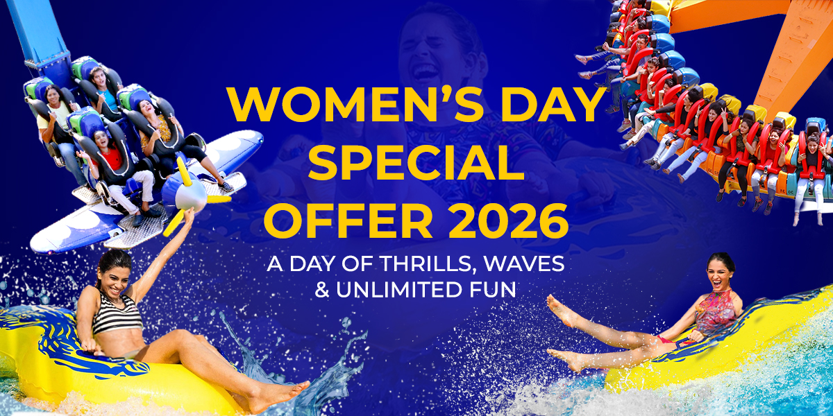 Women enjoying thrilling rides and water slides during Women’s Day Special Offer 2026 at Wet'nJoy Lonavala