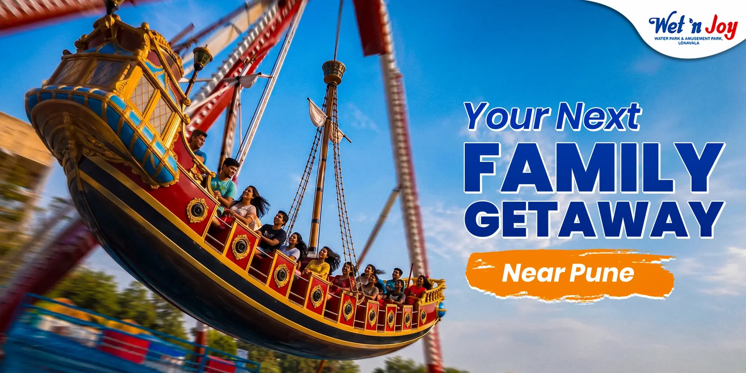 Families enjoying the Pirate Ship ride at Wet’nJoy Amusement Park, a top destination for a one day trip near Pune for family with kids.