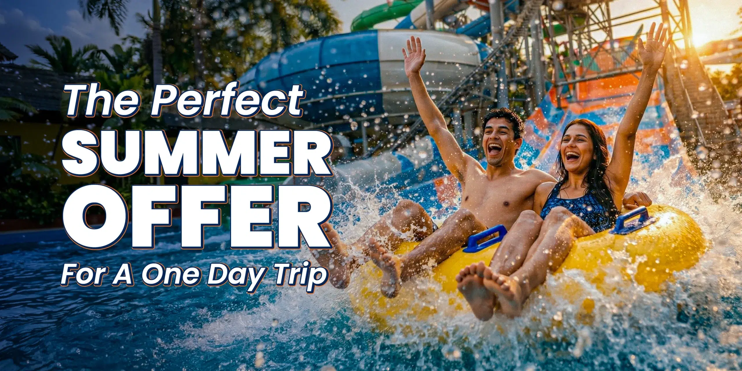 A young man and woman cheering with arms raised on a yellow raft at Wet’nJoy, the top choice for a one day trip to Lonavala featuring the best water park offers for summer 2026.