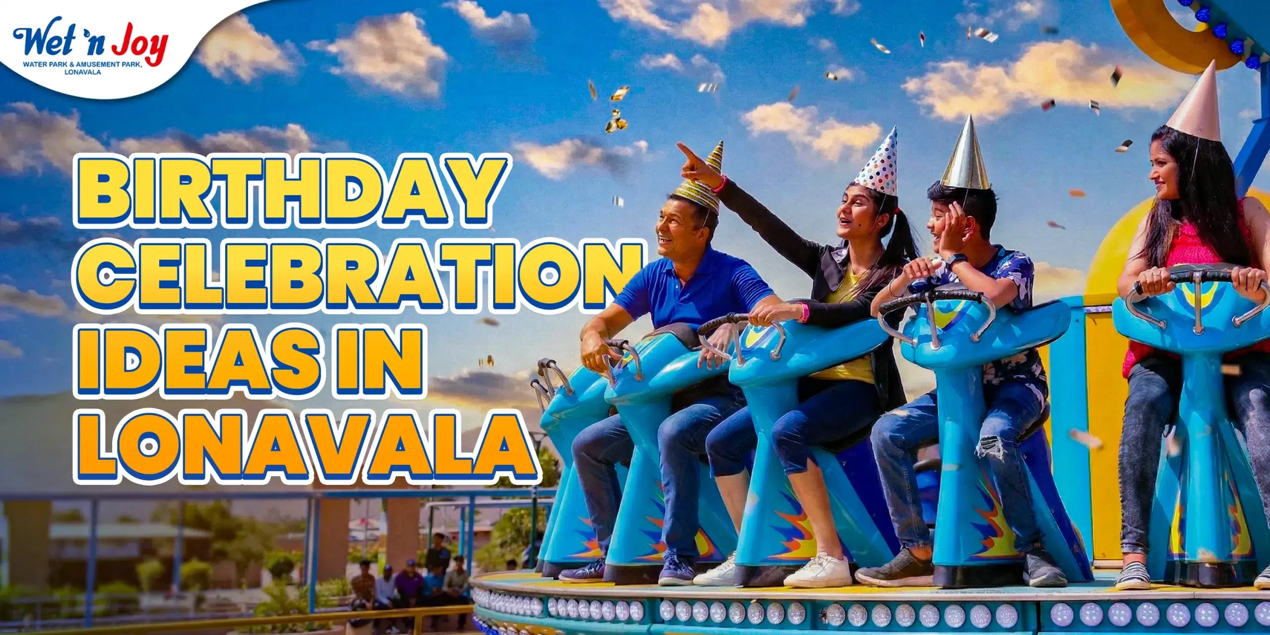Family wearing party hats on an amusement park ride at Wet’nJoy, a top destination for birthday celebration ideas in Lonavala with exclusive birthday party offers.