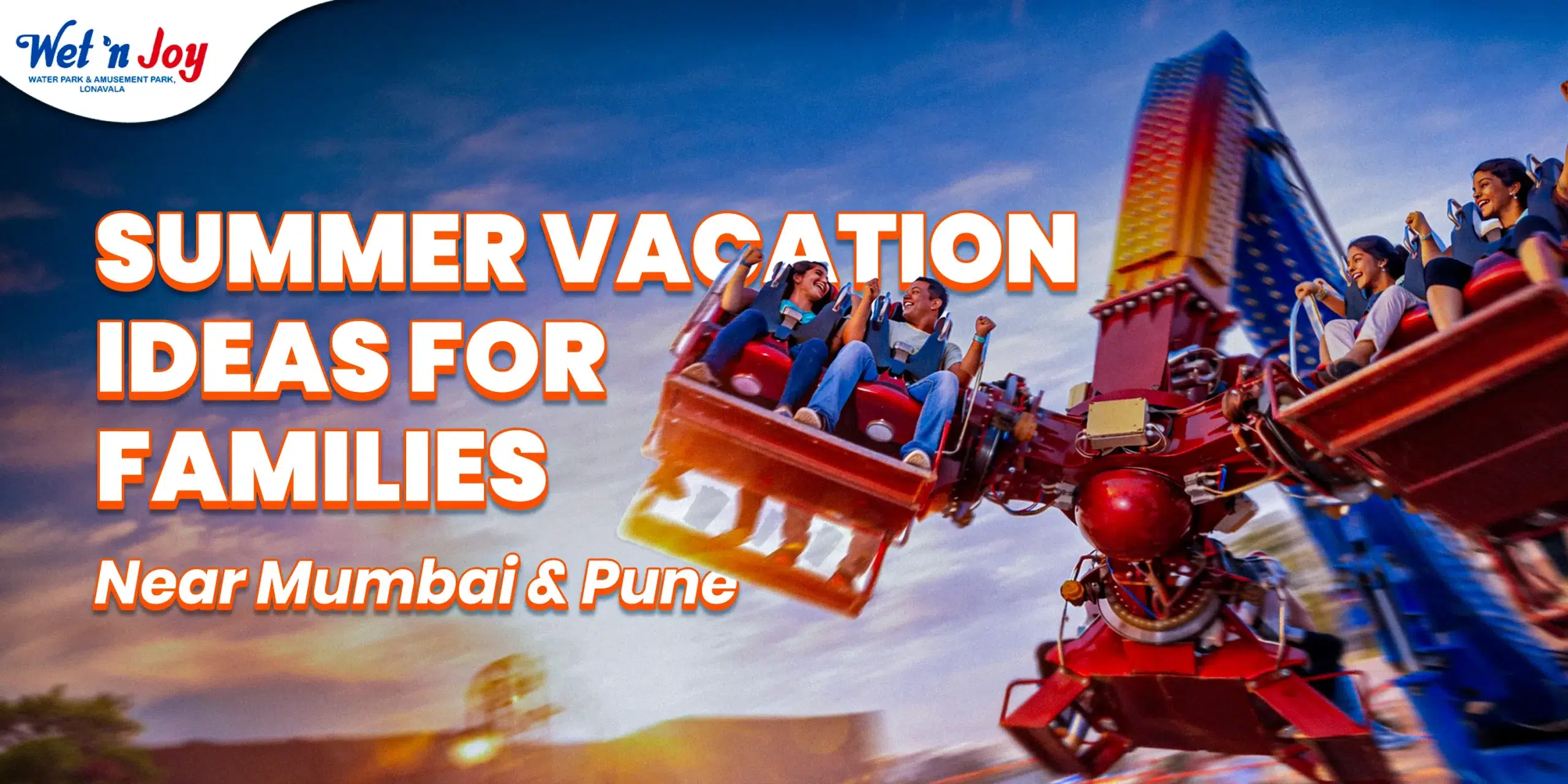 Happy family enjoying a high-thrill amusement park ride at Wet’nJoy, a top choice for summer vacation ideas near Mumbai and Pune with family-friendly water park offers.