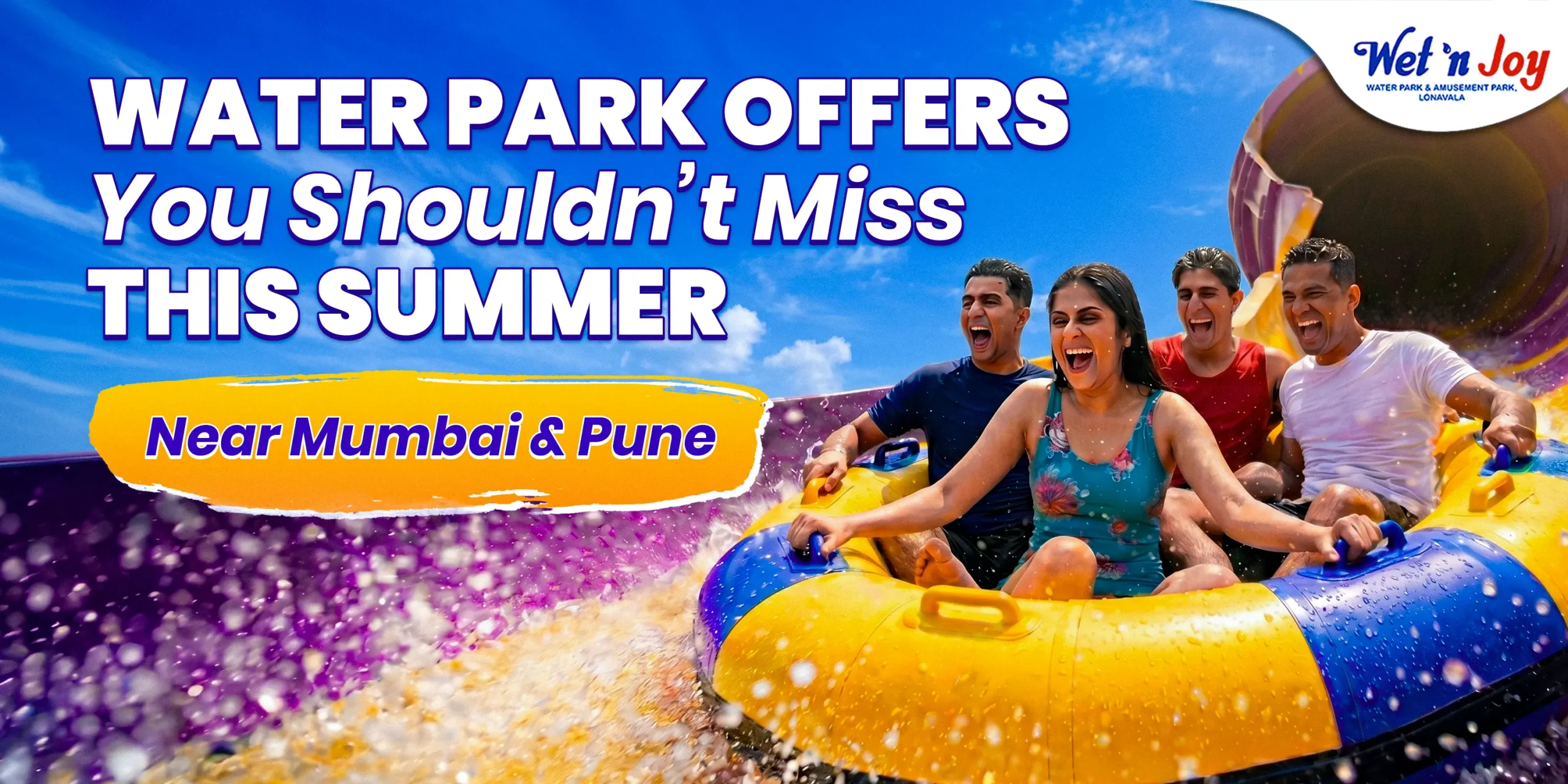 Friends enjoying a group raft ride at Wet’nJoy Lonavala, featuring top water park offers near Mumbai and Pune for summer.