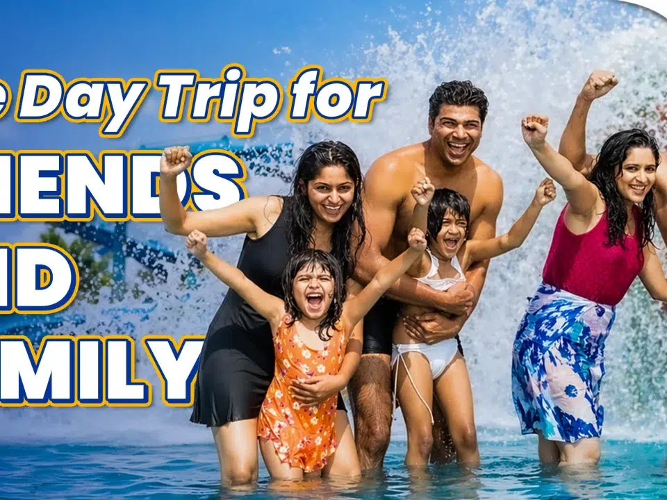 Happy family and friends enjoying a one day trip to Lonavala at Wet’nJoy water park, one of the best places to visit in Lonavala.
