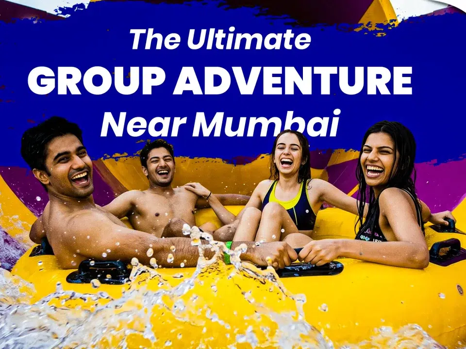 A group of friends experiencing high-speed adventure activities near Mumbai on a water slide at Wet’nJoy, Lonavala.