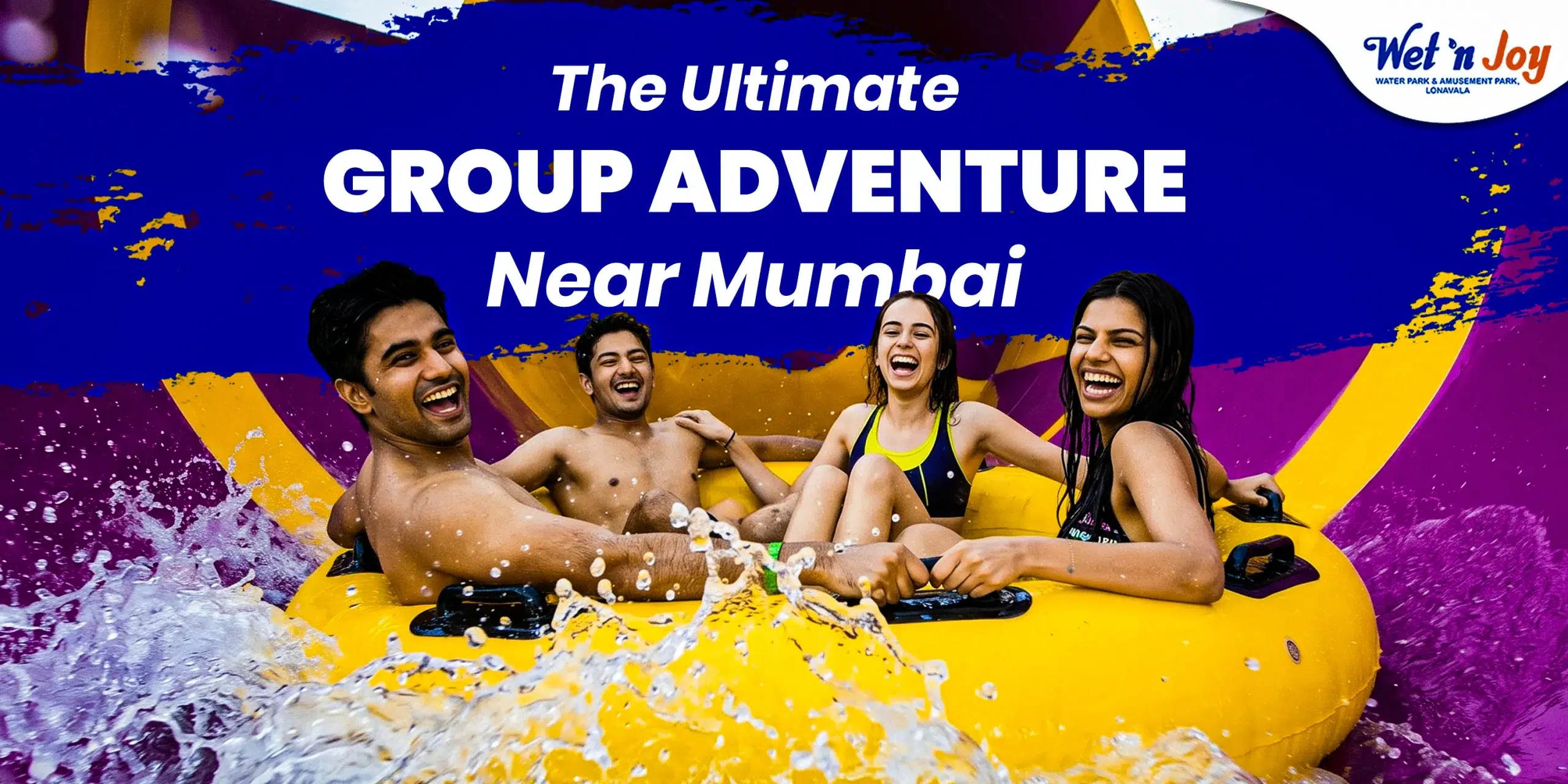 A group of friends experiencing high-speed adventure activities near Mumbai on a water slide at Wet’nJoy, Lonavala.