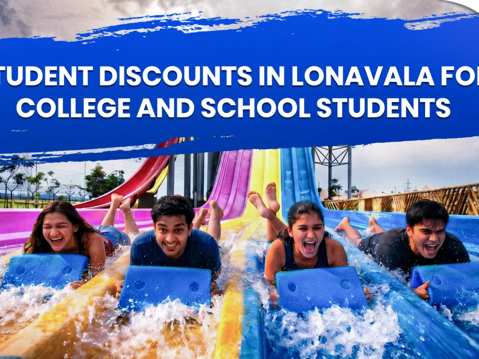 College students enjoying group water slides at Wet’nJoy Lonavala, utilizing exclusive student discounts and summer special offers.