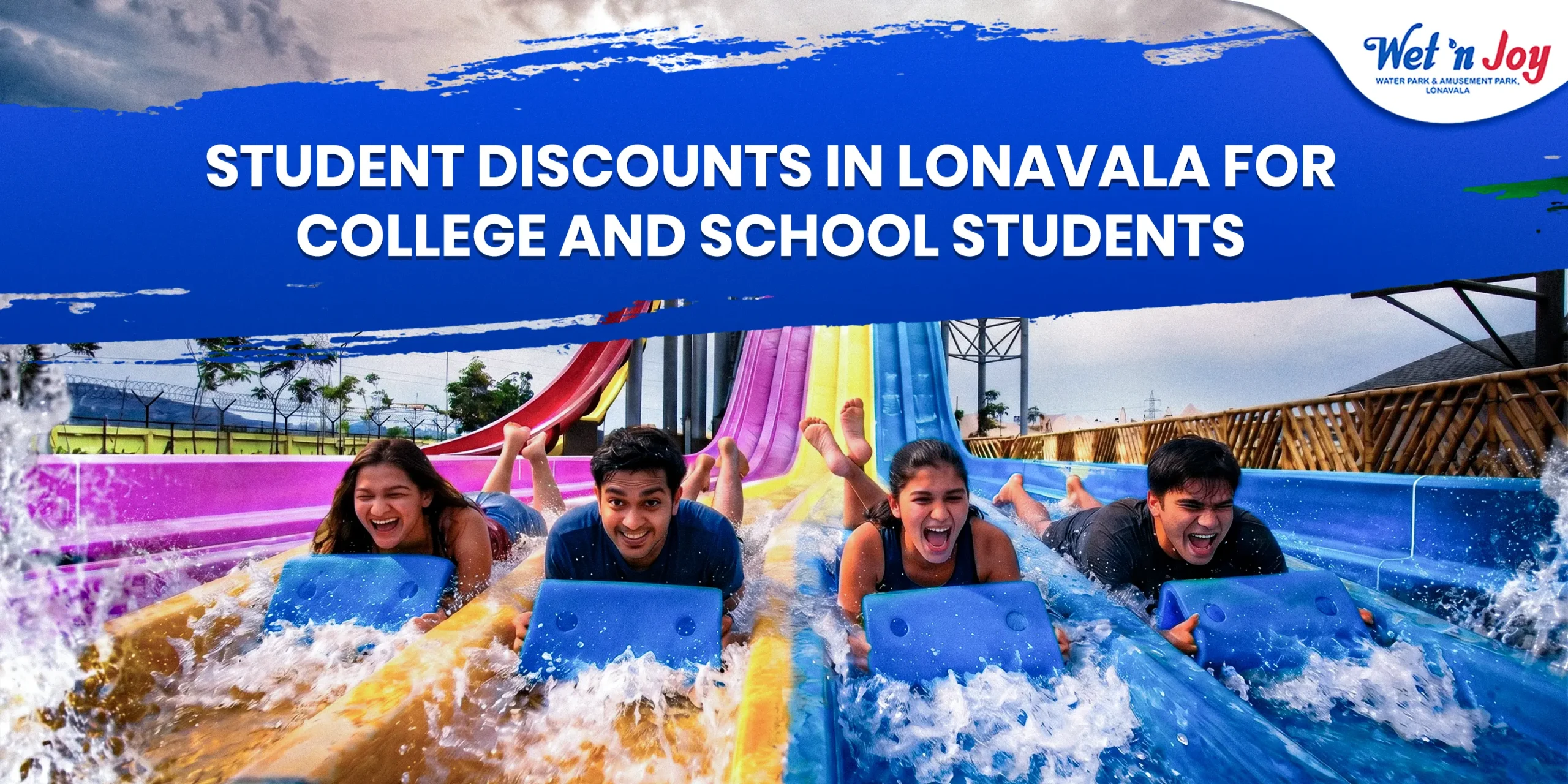 College students enjoying group water slides at Wet’nJoy Lonavala, utilizing exclusive student discounts and summer special offers.