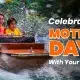 Mother and son smiling and splashing on a water log flume ride at Wet’njoy Water Park and Amusement Park in Lonavala for a Mother’s Day celebration.