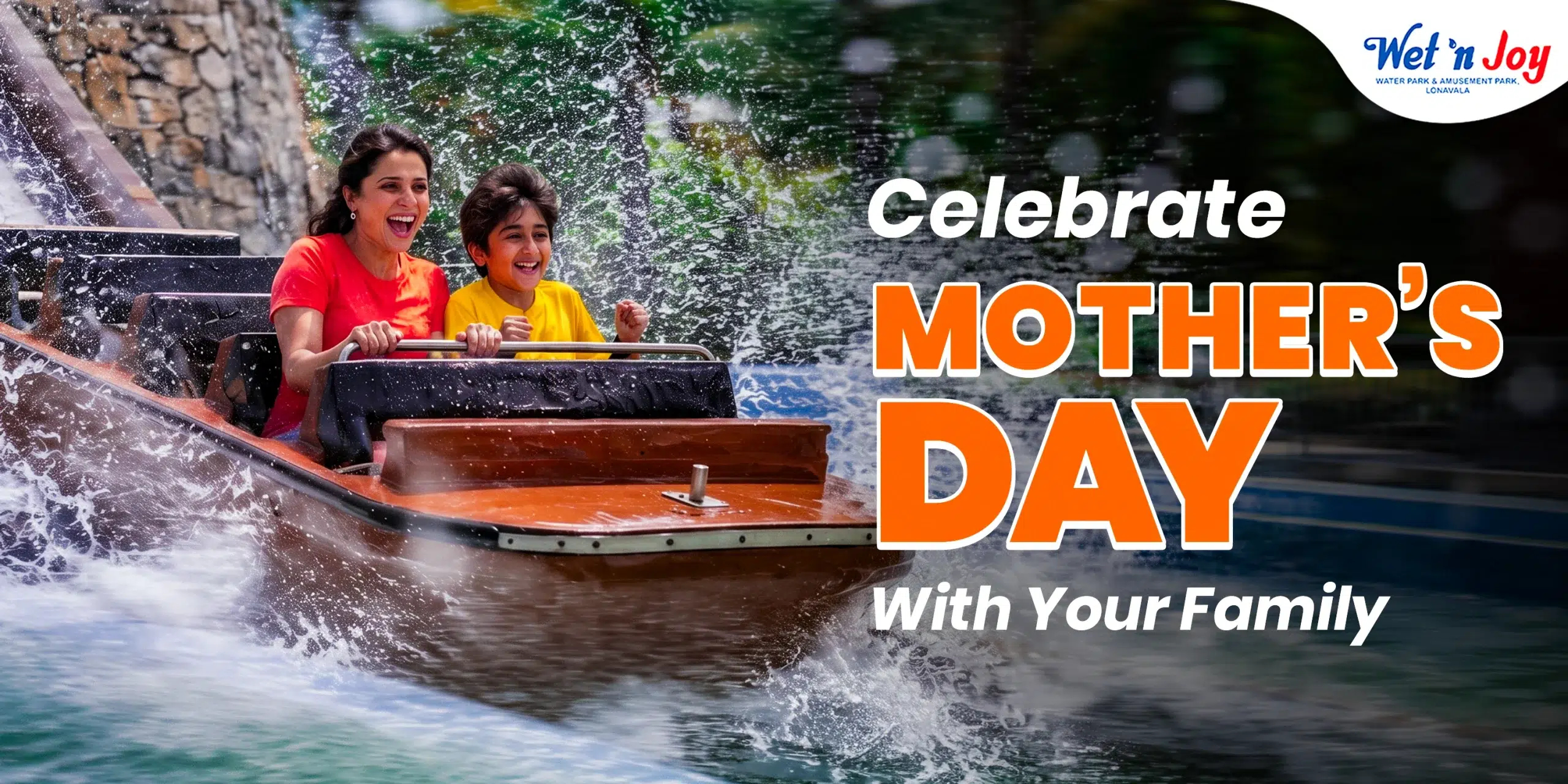 Mother and son smiling and splashing on a water log flume ride at Wet’njoy Water Park and Amusement Park in Lonavala for a Mother’s Day celebration.