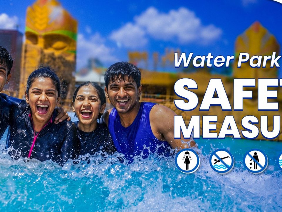 Four friends laughing and enjoying the waves in the crystal-clear pool at Wet’nJoy Lonavala, with water park safety rules icons displayed on the banner to highlight the park's strict safety standards.