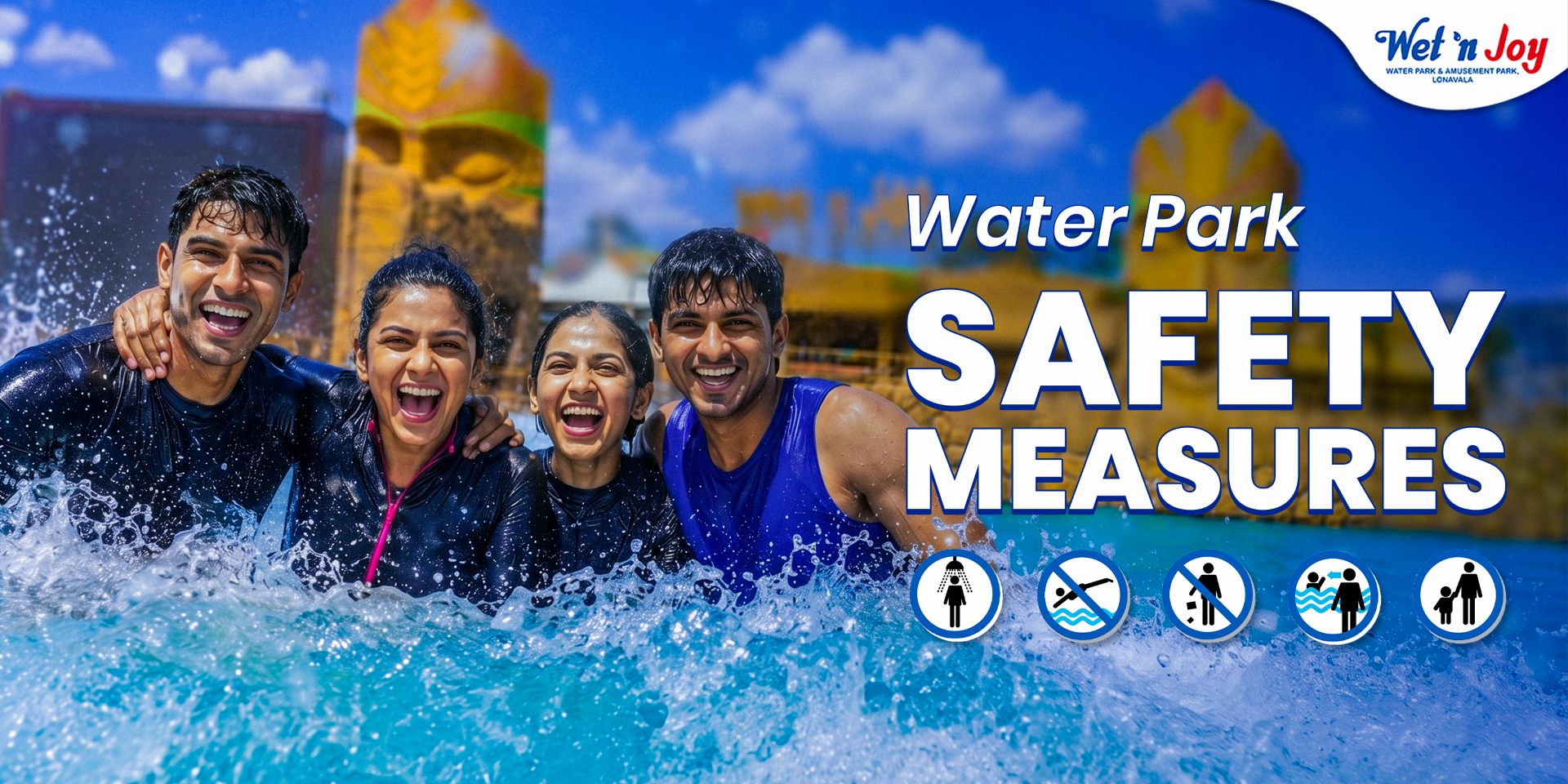 Four friends laughing and enjoying the waves in the crystal-clear pool at Wet’nJoy Lonavala, with water park safety rules icons displayed on the banner to highlight the park's strict safety standards.