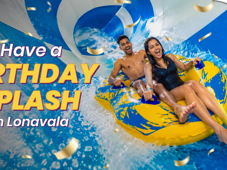 Friends celebrating a birthday with a water slide ride at Wet’nJoy Lonavala. A fun birthday celebration idea for groups near Mumbai and Pune.