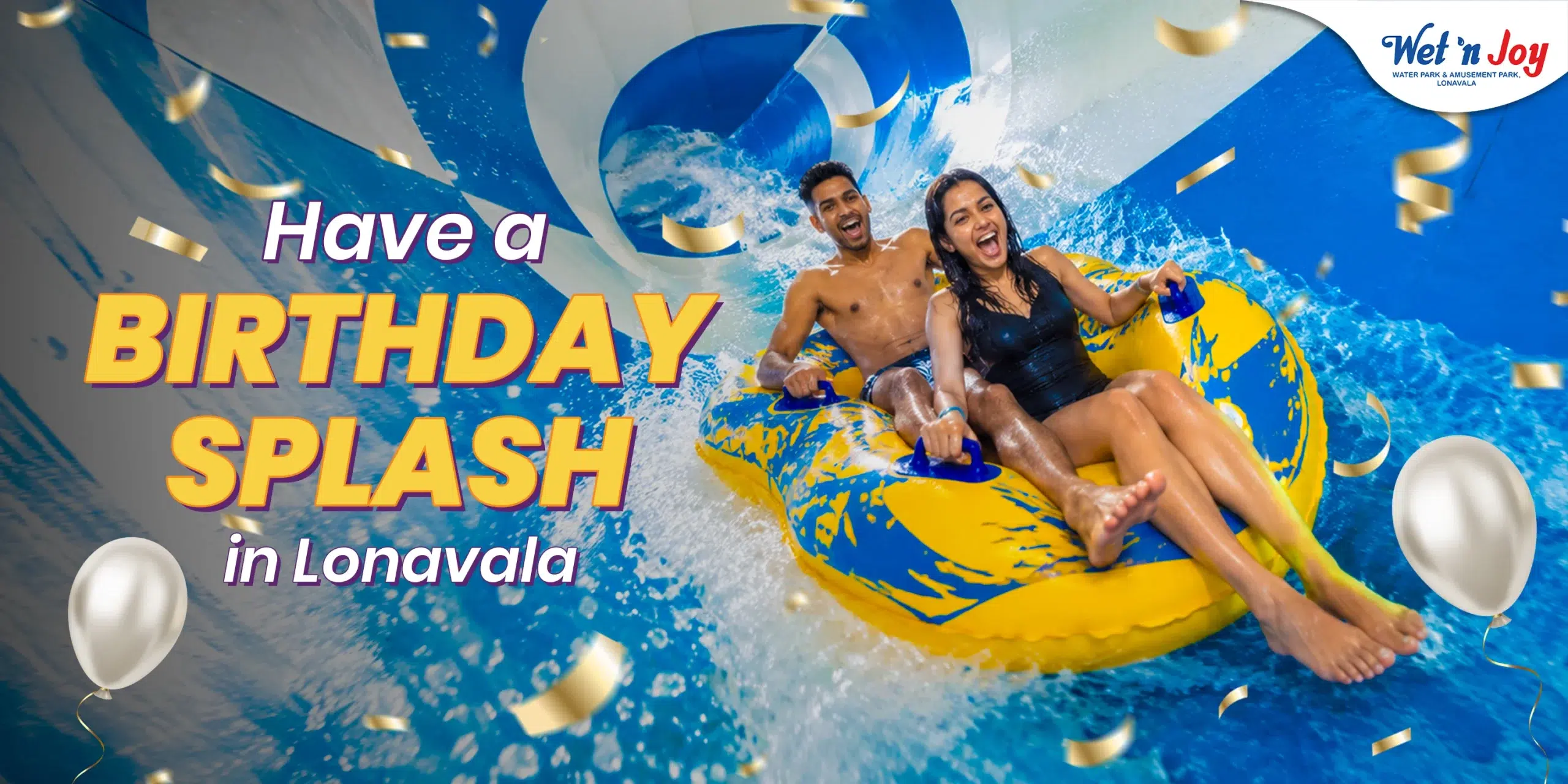 Friends celebrating a birthday with a water slide ride at Wet’nJoy Lonavala. A fun birthday celebration idea for groups near Mumbai and Pune.