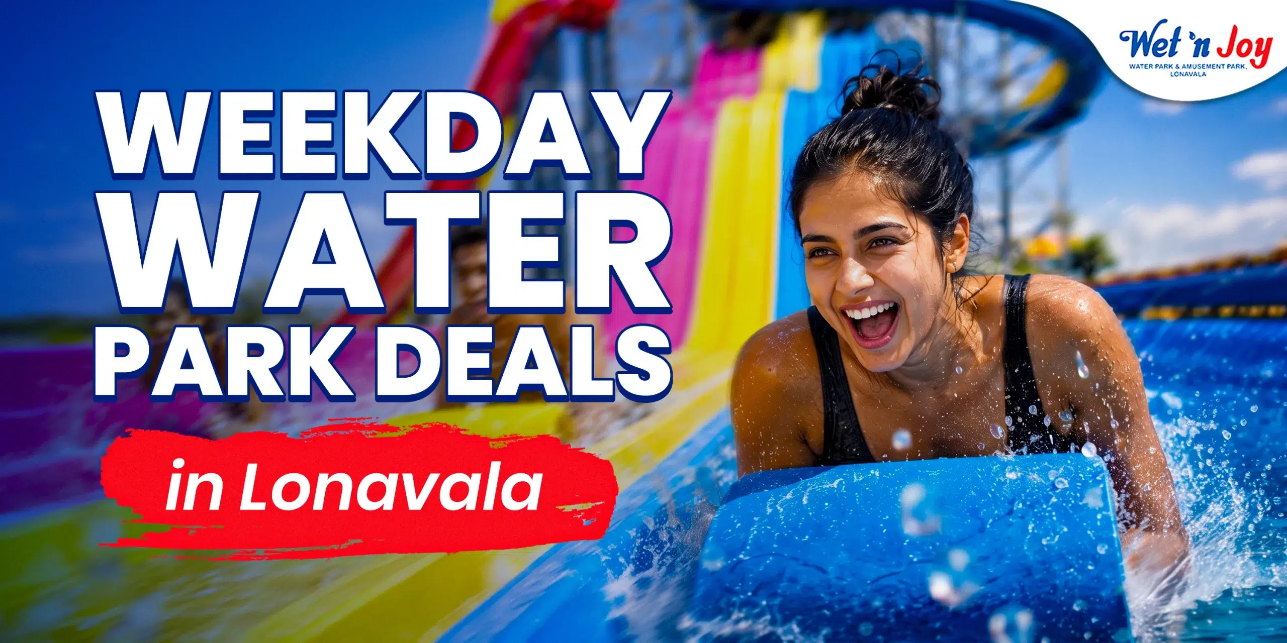 Young woman enjoying a mat racer water slide at Wet’nJoy Water Park Lonavala. Highlight for the best weekday water park deals near Mumbai and Pune.