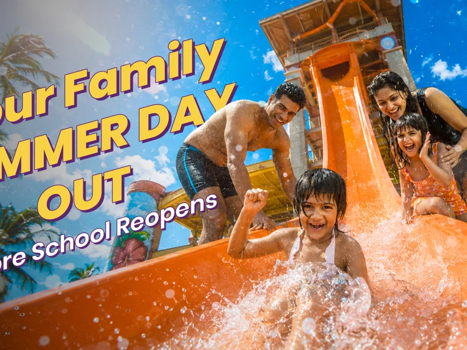 A happy family enjoying a colorful water slide at Wet’nJoy Water Park Lonavala, the perfect summer day out for families near Mumbai and Pune.