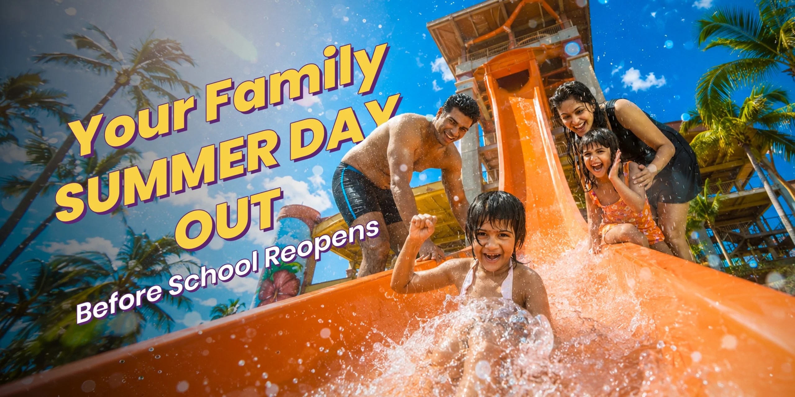 A happy family enjoying a colorful water slide at Wet’nJoy Water Park Lonavala, the perfect summer day out for families near Mumbai and Pune.