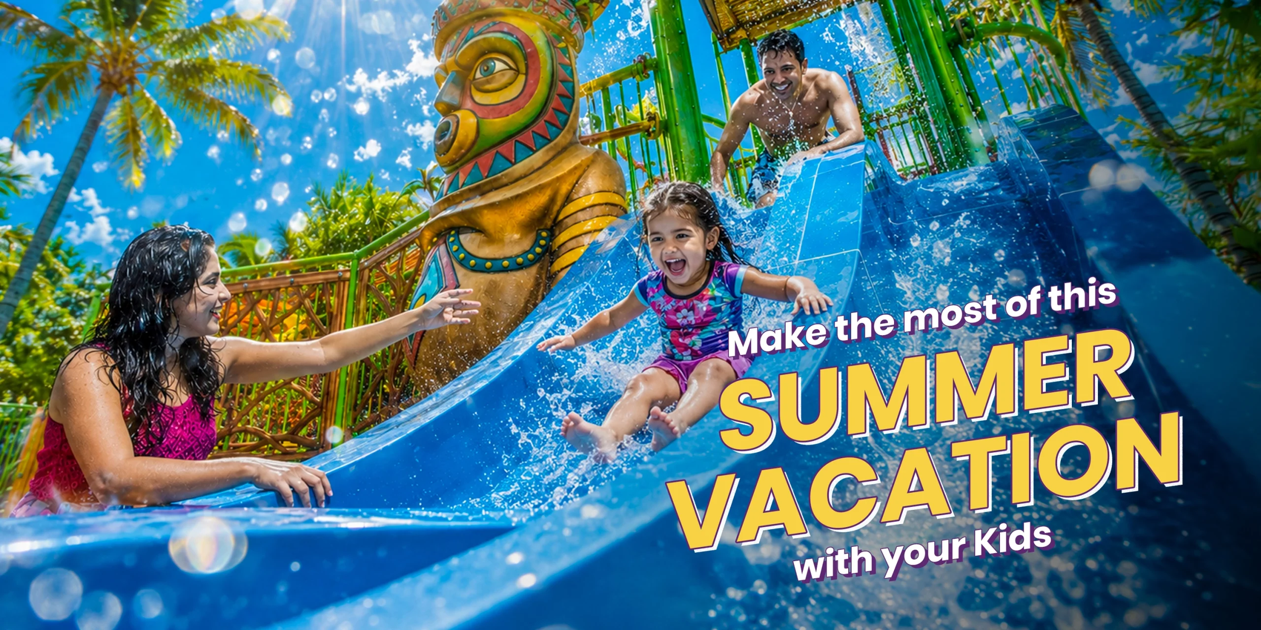 A family enjoying a blue water slide at Wet’nJoy Water Park Lonavala, one of the best places to visit in summer with kids near Mumbai and Pune.