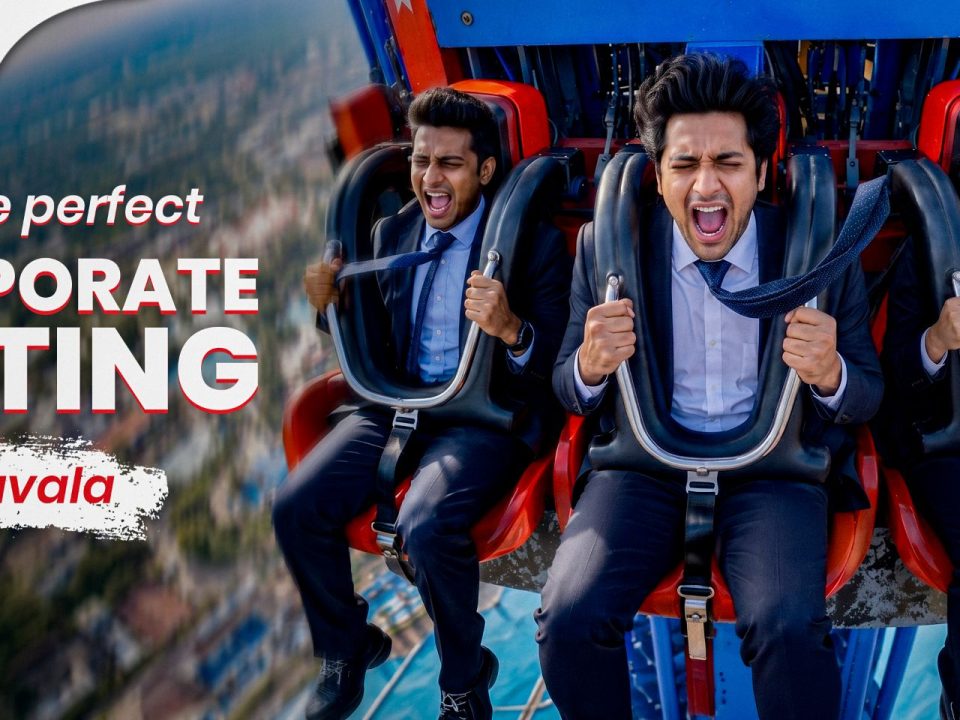 Three colleagues screaming with excitement on a high-speed thrill ride at Wet'nJoy Lonavala, illustrating a fun corporate outing near Pune and Mumbai.