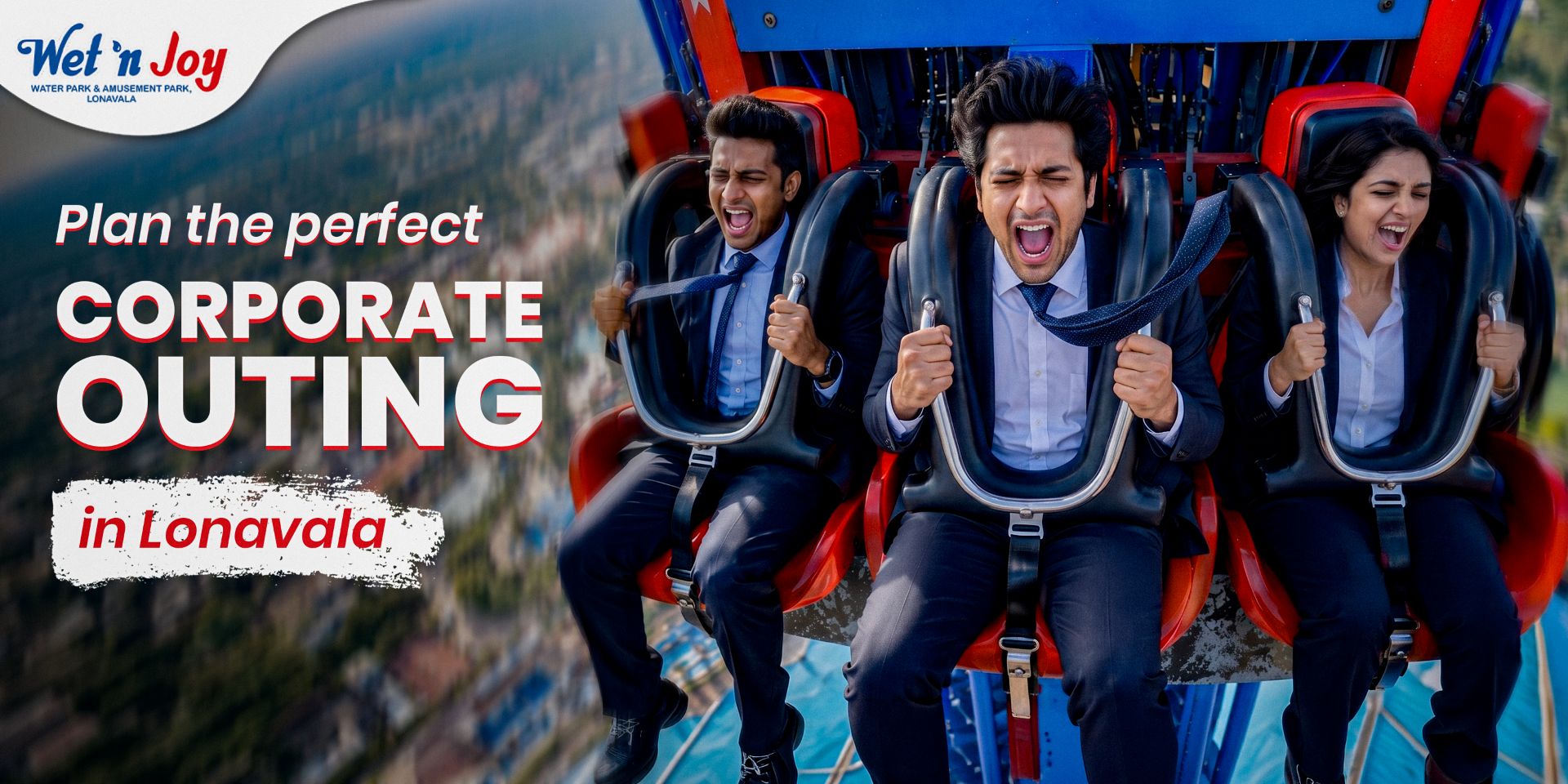Three colleagues screaming with excitement on a high-speed thrill ride at Wet'nJoy Lonavala, illustrating a fun corporate outing near Pune and Mumbai.