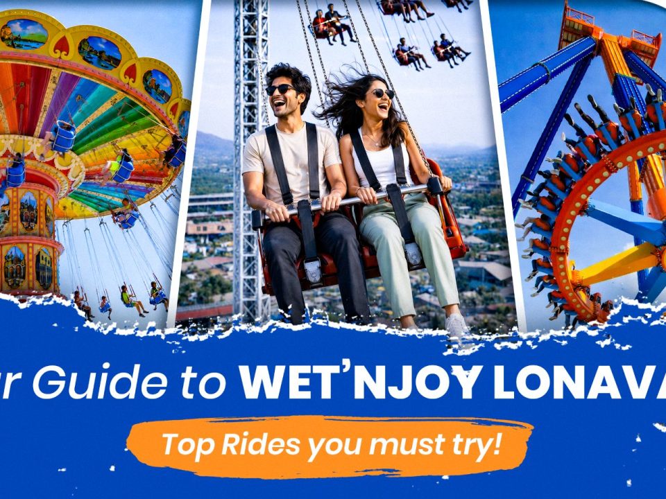 A collage of thrill rides at Wet'nJoy Lonavala, featuring visitors enjoying the swing chair ride, the high-altitude Sky Swinger, and a giant pendulum ride, showcasing top amusement park rides in Lonavala.