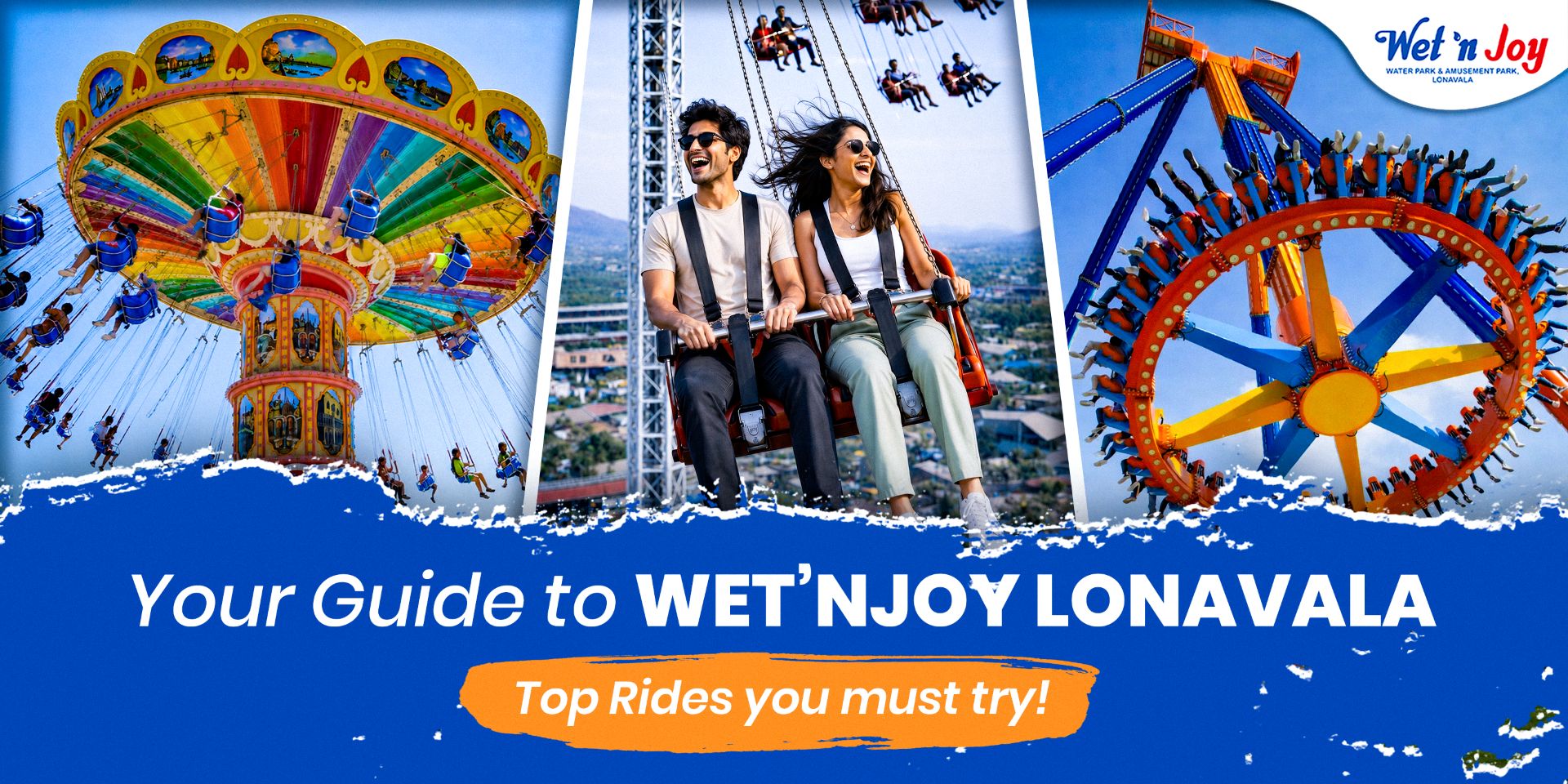 A collage of thrill rides at Wet'nJoy Lonavala, featuring visitors enjoying the swing chair ride, the high-altitude Sky Swinger, and a giant pendulum ride, showcasing top amusement park rides in Lonavala.