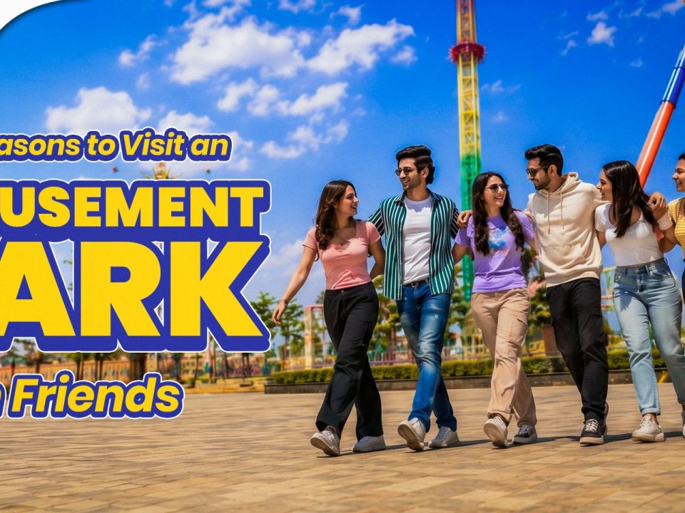 A group of friends laughing and standing in front of the amusement park rides at Wet’nJoy, Lonavala.
