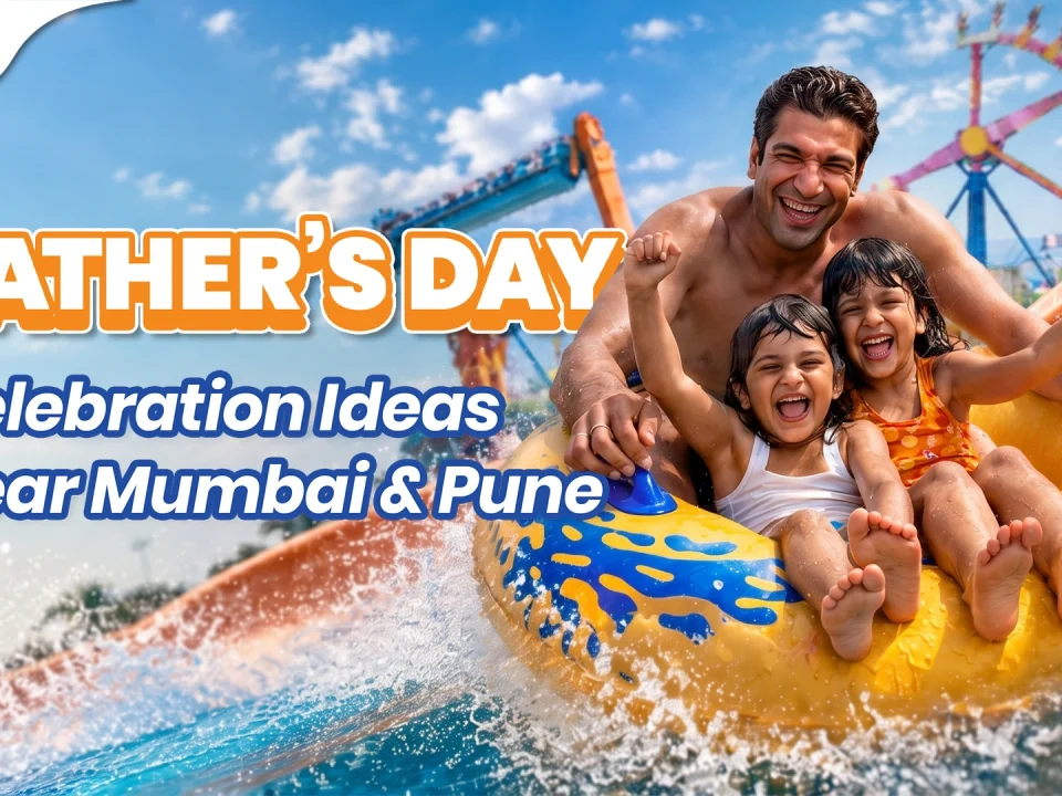 A happy family of four laughing and enjoying a thrilling water slide ride together on a yellow raft, highlighting fun family bonding activities and family outing ideas at Wet’nJoy Water Park, Lonavala.