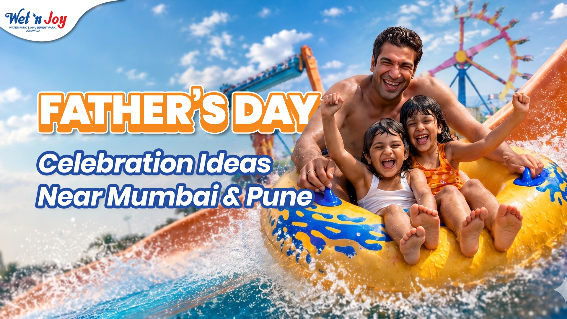A happy family of four laughing and enjoying a thrilling water slide ride together on a yellow raft, highlighting fun family bonding activities and family outing ideas at Wet’nJoy Water Park, Lonavala.