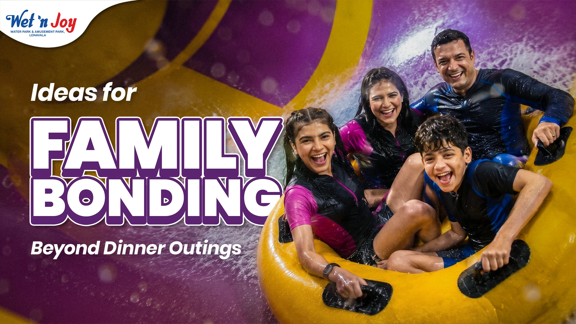 A joyful father laughing and sliding down a water slide on a yellow tube with his two excited young kids, showcasing fun father's day family activities and father's day celebration ideas near Mumbai and Pune at Wet'nJoy Lonavala.