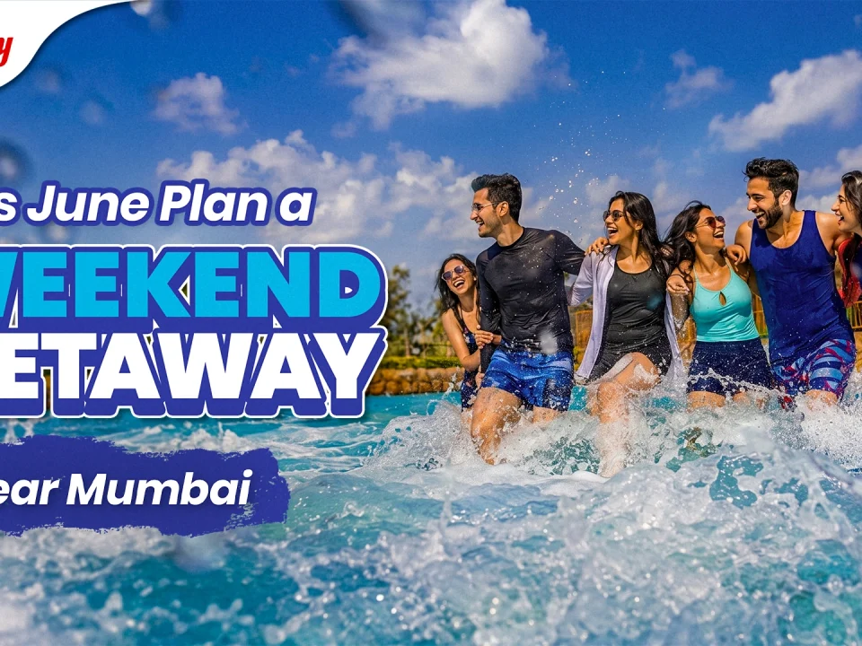 A group of young friends laughing, splashing, and wading through a wave pool during a weekend getaway near Mumbai in June to beat the summer heat at Wet'nJoy Water Park in Lonavala.