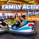 A happy multi-generational family laughing and riding bumper cars together, illustrating inclusive family activities and things to do in Lonavala with family at Wet’nJoy.