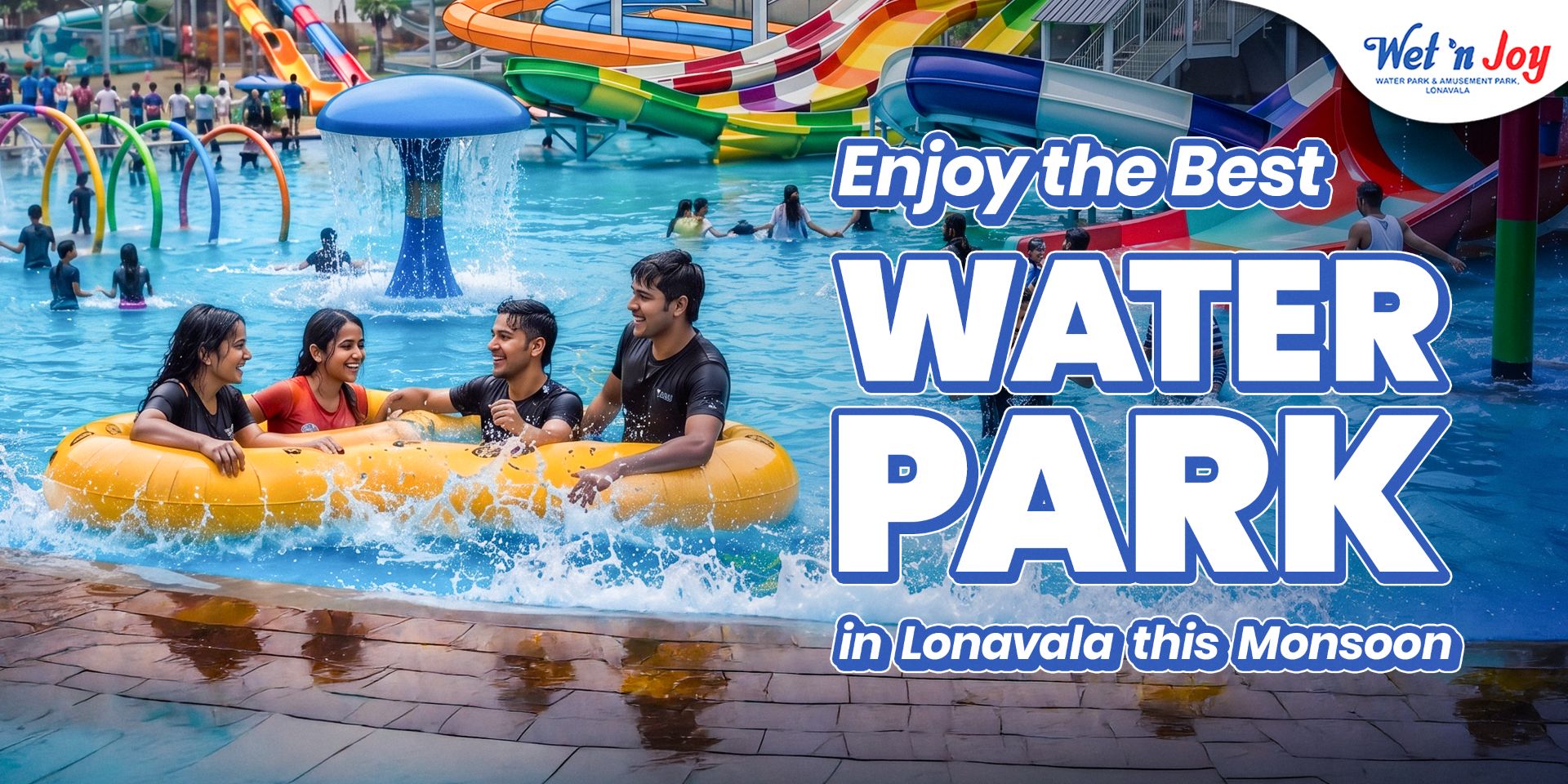 Friends enjoying at Wet'nJoy, the best water park in Lonavala during the monsoon with colorful water slides and pools.