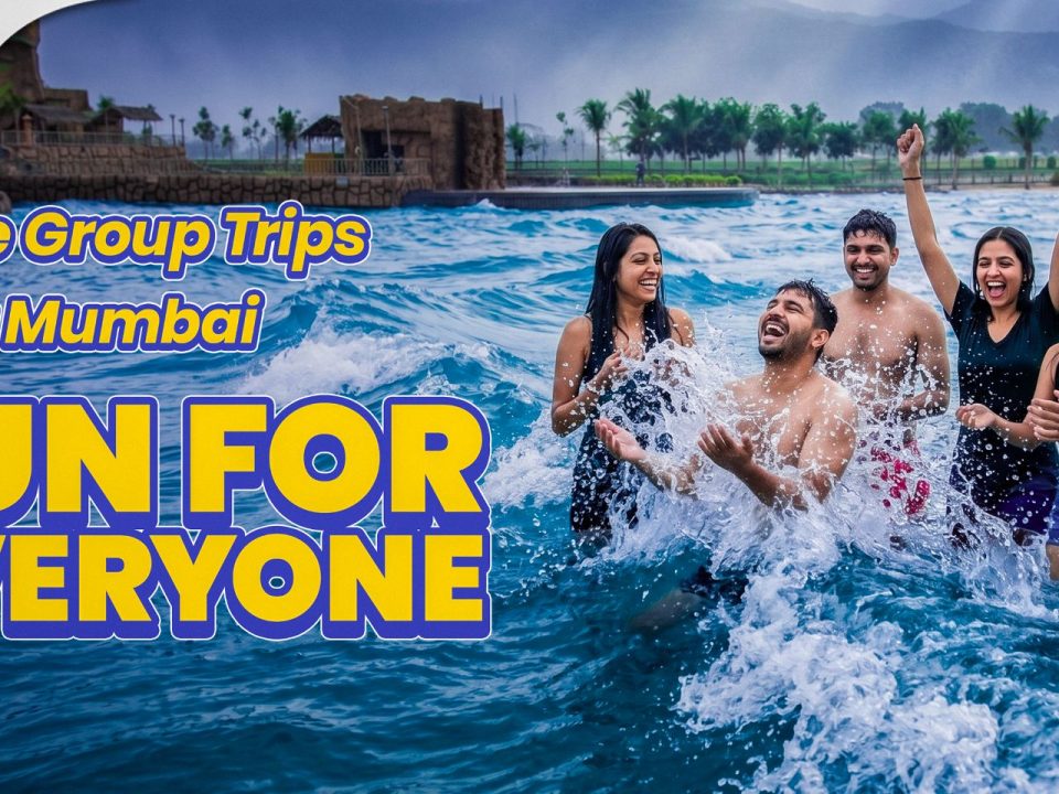 Group of friends enjoying the wave pool at Wet'nJoy Lonavala, a top destination for group travel near Mumbai and fun day outings.