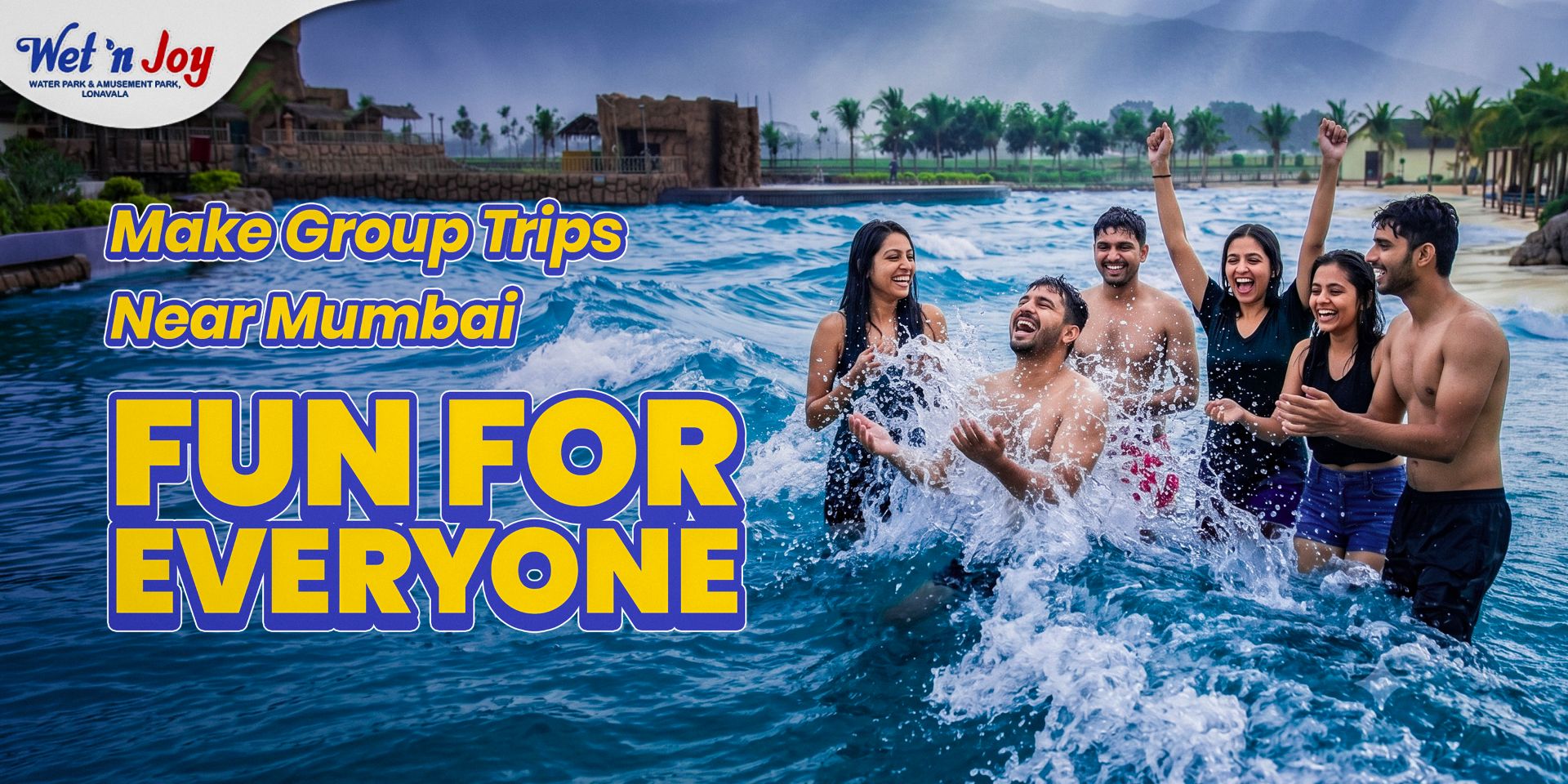 Group of friends enjoying the wave pool at Wet'nJoy Lonavala, a top destination for group travel near Mumbai and fun day outings.