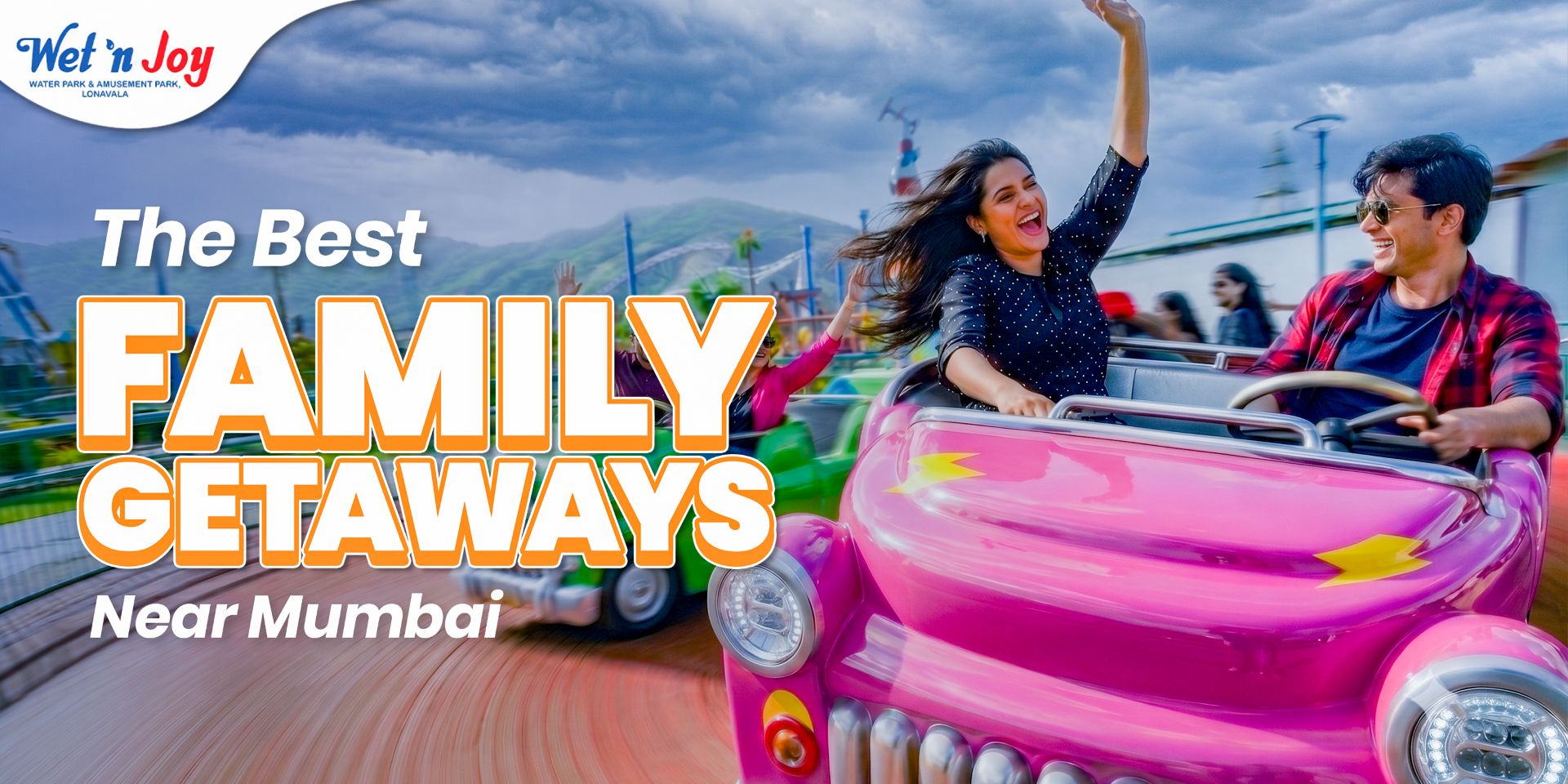 Family enjoying an amusement ride at Wet'nJoy Lonavala, one of the best places for family entertainment near Mumbai during the monsoon.