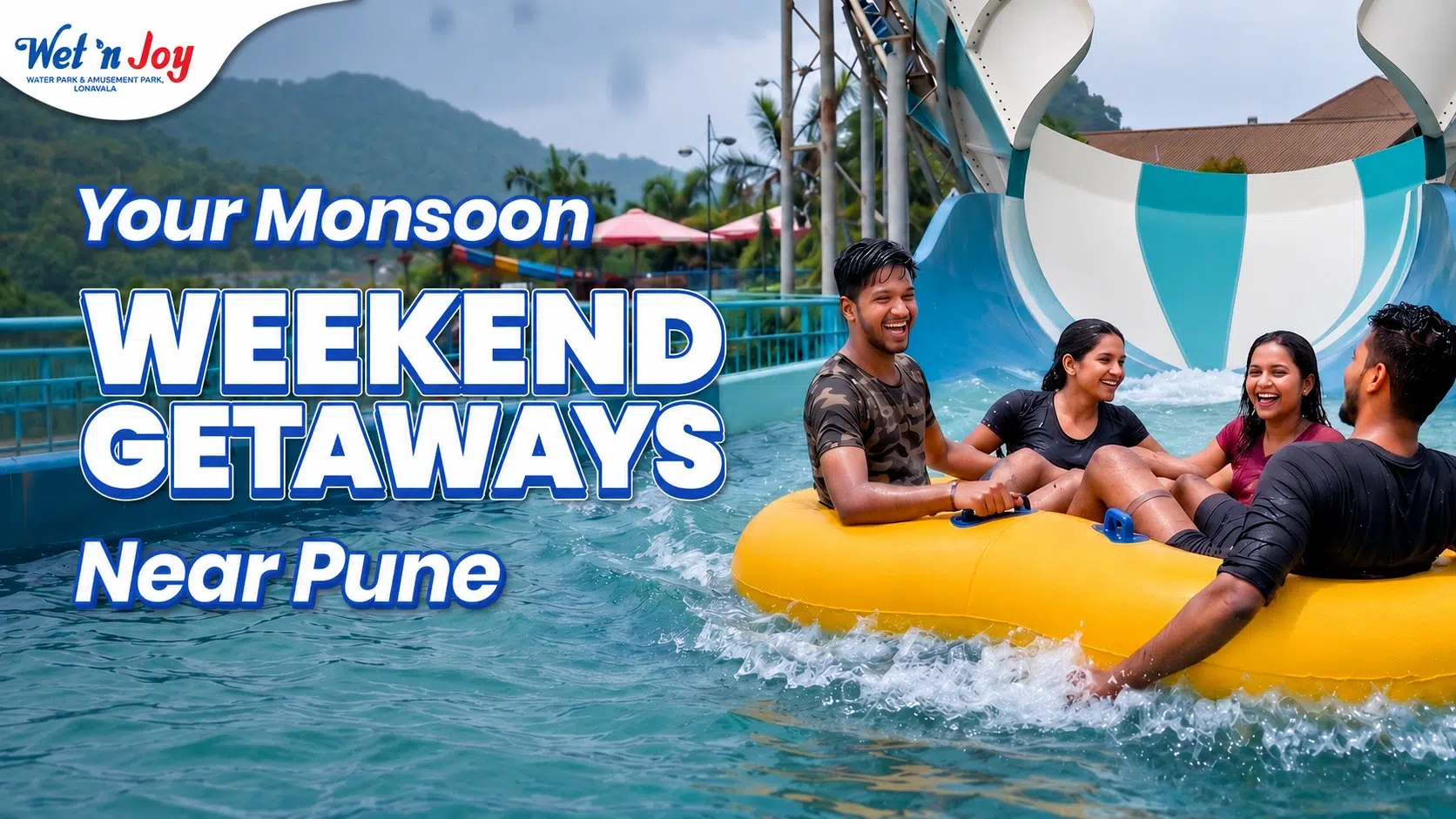 Friends enjoying a tube ride at Wet'nJoy Lonavala, one of the best places to visit in monsoon near Pune for a weekend getaway.